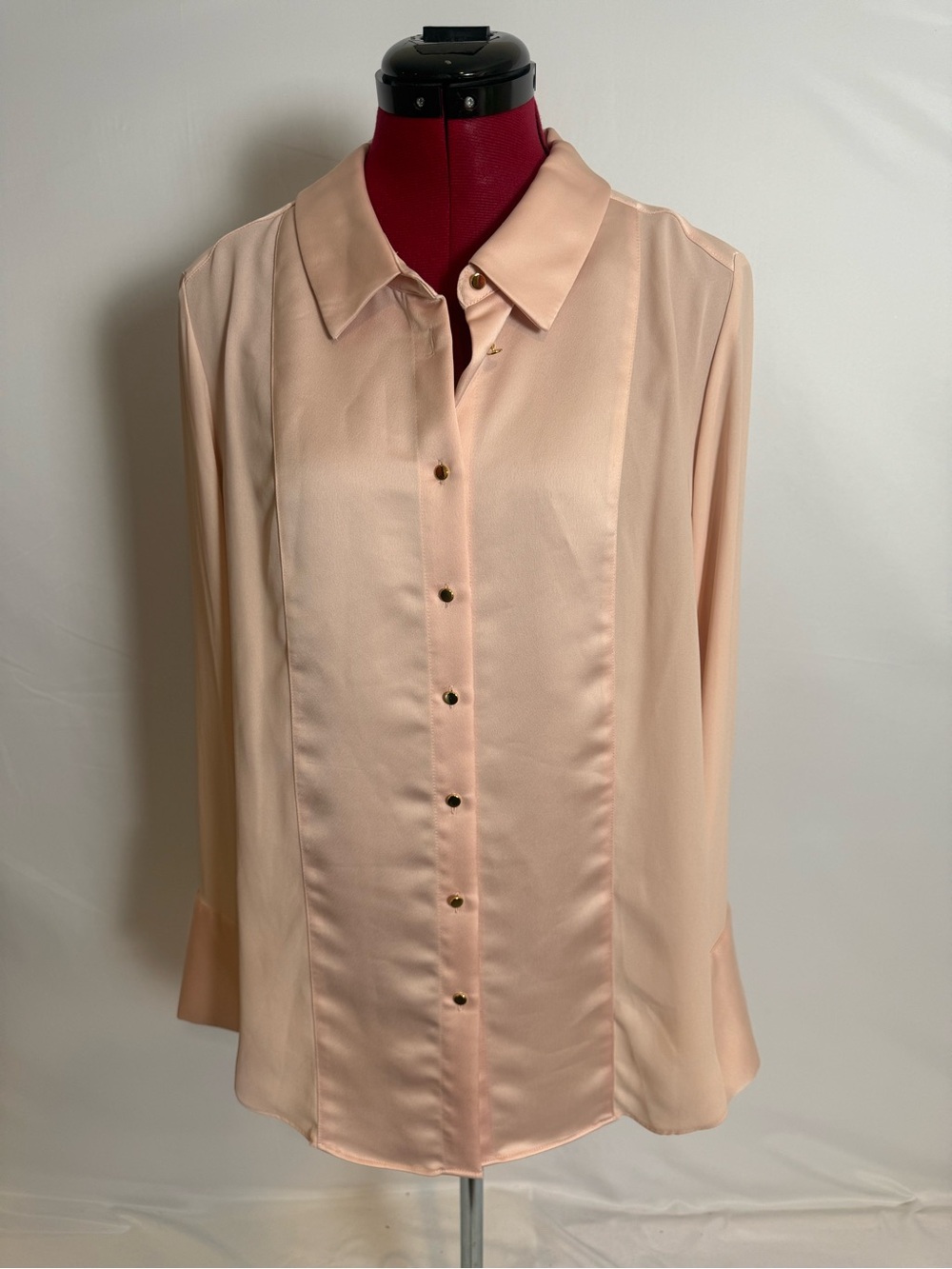 Calvin Klein Peach Satin-Trim Button Down Blouse Women's Size XL Long Sleeves